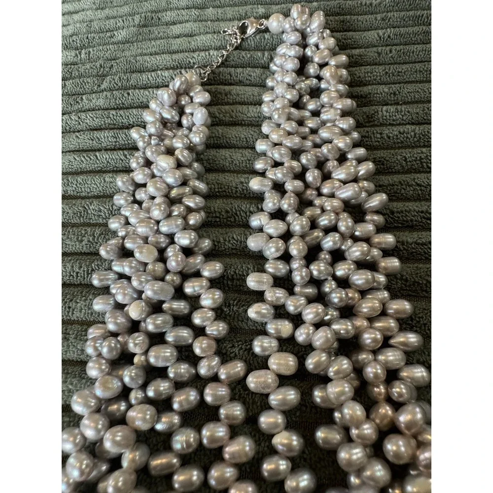 Lucas Lameth‎ Gray Pearl Necklace 925 Silver Clasp Multi Strand Statement